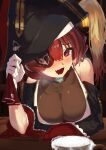  1girl :d absurdres alcohol bare_shoulders beer beer_mug blush breasts cleavage cup eyepatch fang gloves hat heart heart-shaped_pupils highres hololive houshou_marine leaning_forward looking_at_viewer mont_blanca mug pirate_hat red_eyes red_hair saliva smile solo symbol-shaped_pupils virtual_youtuber white_gloves 