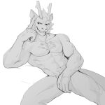  1:1 abs anthro black_and_white body_hair chest_hair dragon hand_on_crotch hi_res horn jrjresq lying male monochrome muscular muscular_male pecs pubes seductive solo 