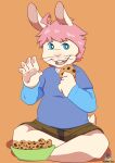  anthro bluechubbywolf cookie food gesture hare hi_res joshie_(calahootheyeen) lagomorph layered_clothing leporid male mammal orange_background overweight overweight_male pawpads rabbit simple_background sitting slightly_chubby smile solo waving waving_at_viewer whiskers 