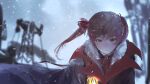  1girl absurdres bangs blush coat fur_trim heterochromia highres hololive houshou_marine lantern long_hair looking_at_viewer mont_blanca outdoors red_eyes red_hair snow solo twintails virtual_youtuber yellow_eyes 