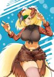  1girl bangs belt big_hair bird_girl bird_tail bird_wings black_hair blonde_hair bow breasts brown_shorts dancing greater_bird-of-paradise_(kemono_friends) green_hair grey_hair hands_up hatch_(hatch_box) head_wings kemono_friends large_breasts long_sleeves midriff multicolored_hair navel open_mouth pink_legwear pocket shirt shorts skindentation smile solo stomach tail thighhighs tied_shirt wings yellow_eyes 