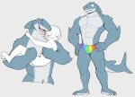  abs anthro bulge duo embrace fish fluffy hi_res hug jrjresq male marine muscular muscular_male pecs rainbow_pride_colors shark smile ych_(character) 