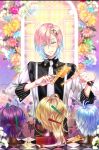  1boy blue_eyes blue_hair blush checkered colored_tips elemental floral_background flower hair_ornament hairclip male_focus multicolored_hair official_art pink_hair saibai_shounen second-party_source smile solo sweet_(saibai_shounen) teeth wig window 