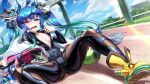  1girl absurdres ahoge animal_ears ass black_bodysuit blue_eyes blue_hair bodysuit breasts cameltoe heterochromia highres horse_ears horse_girl leather long_hair looking_at_viewer messy_hair open_mouth purple_eyes sharp_teeth shiny shiny_clothes shiny_hair shiny_skin sidelocks sitting skin_tight small_breasts solo spread_legs sweat teeth twin_turbo_(umamusume) twintails umamusume zzo0 