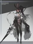  1girl animal_ears black_hair breasts concept_art dark-skinned_female dark_skin deadman_(artist) eyepatch fingerless_gloves gloves high_heels highleg highleg_leotard highres holding holding_weapon jacket large_breasts leotard long_hair looking_at_viewer original pantyhose pointy_ears polearm ponytail rabbit_ears red_eyes sideboob simple_background smile smjim1986 solo spear tall_female weapon 