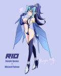  1girl blue_background blue_hair breasts character_request chaya_mago check_character check_copyright commentary_request copyright_request cosplay elbow_gloves garter_straps gloves harpie_queen harpie_queen_(cosplay) high_heels kamishiro_rio large_breasts long_hair navel ponytail red_eyes revealing_clothes signature thighhighs yu-gi-oh! yu-gi-oh!_zexal 