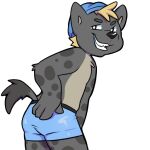  1:1 alpha_channel anthro bluechubbywolf butt calahoo_(calahootheyeen) cheeky clothing grin grinning_at_viewer hand_on_butt hyaenid looking_at_viewer looking_back male mammal smile solo sticker swimming_cap swimwear telegram_sticker 