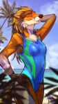  4_fingers anthro artist_name beach blonde_hair breasts brown_body brown_fur canid canine cheek_tuft chest_tuft clothed clothing detailed_background digital_media_(artwork) facial_tuft female fingers fox fur hair half-closed_eyes hand_behind_head hand_on_hip hi_res long_hair mammal narrowed_eyes one-piece_swimsuit open_mouth orange_body orange_fur outside palm_tree plant sand seaside skiaskai sky smile solo standing swimwear tree tuft water white_body white_fur 