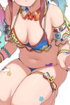  1girl bare_shoulders bead_bracelet beads belly bikini blonde_hair blue_bikini blue_nails bow bracelet breasts character_print close-up closed_mouth debi_tarou floral_print foreshortening gradient_hair hair_bow head_out_of_frame heart heart_print highres idolmaster idolmaster_shiny_colors jewelry leg_tattoo long_hair medium_breasts multicolored_hair nail_polish navel official_alternate_costume osaki_tenka pink_hair rainbow_print simple_background solo star_(symbol) star_bracelet star_print star_tattoo swimsuit tattoo thigh_strap thighs twintails wanimaru white_background 