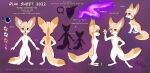  canid canine claws collar digital_media_(artwork) english_text featureless_crotch fennec feral fox hi_res mammal model_sheet notched_ear pattern_background purple_eyes ruki_(character) rukifox scar shape_shifter simple_background solo standing text toe_claws 