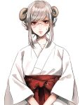  1girl alternate_costume bangs blush closed_mouth collarbone danganronpa_(series) danganronpa_2:_goodbye_despair glasses grey_background grey_hair horns japanese_clothes kimono long_sleeves pekoyama_peko red_eyes sakuyu simple_background solo sweatdrop white_kimono wide_sleeves 