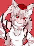  1girl akuta_neko animal_ear_fluff animal_ears bangs blush chinese_commentary commentary_request detached_sleeves hand_up hat highres inubashiri_momiji looking_at_viewer medium_hair pom_pom_(clothes) red_background red_hair red_headwear shirt smile solo tail tokin_hat touhou turtleneck upper_body white_hair white_shirt white_sleeves wide_sleeves wolf_ears wolf_girl wolf_tail 