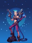 1girl :d alternate_costume arcane:_league_of_legends arcane_jinx assis_(black_ilil) bangs bare_shoulders braid breasts brown_footwear fingerless_gloves gloves glowing gradient gradient_background green_background gun holding holding_gun holding_weapon jinx_(league_of_legends) league_of_legends long_hair medium_breasts no_tattoo open_mouth pants pink_pants pixel_art rocket_launcher shiny shiny_hair shoes smile torn_clothes torn_pants twin_braids very_long_hair weapon 