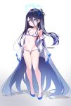  1girl arisu_(blue_archive) bare_legs bare_shoulders bikini blue_archive blue_eyes blue_hair breasts cawang closed_mouth collarbone full_body hair_between_eyes halo highres jacket long_hair looking_at_viewer lowleg lowleg_bikini micro_bikini revision sandals side-tie_bikini side_ponytail simple_background small_breasts solo standing stomach swimsuit thigh_gap twitter_username very_long_hair white_background white_bikini white_jacket 