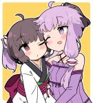  2girls ;/ ;d ahoge brown_eyes brown_hair closed_mouth dress halter_dress halterneck ini_(inunabe00) japanese_clothes kimono looking_at_another multiple_girls one_eye_closed open_mouth purple_dress purple_eyes purple_hair sash short_hair short_hair_with_long_locks sidelocks simple_background smile touhoku_kiritan upper_body voiceroid white_kimono yellow_background yuzuki_yukari 