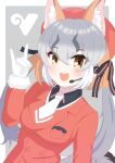  1girl animal_costume animal_ear_fluff animal_ears blazer fox_ears fox_girl fox_tail gloves grey_hair hat highres inugamikenoy island_fox_(kemono_friends) jacket kemono_friends kemono_friends_v_project long_hair looking_at_viewer microphone multicolored_hair necktie open_mouth ribbon simple_background smile solo tail virtual_youtuber 
