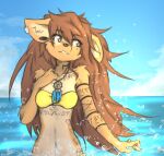  anthro apogee_(tinygaypirate) bikini bikini_top breasts brown_body brown_eyes brown_fur brown_hair canid canine canis clothing digital_media_(artwork) domestic_dog ear_piercing facial_piercing female fur hair hi_res jewelry long_hair mammal markings navel necklace open_mouth piercing sky solo spitz swimwear tinygaypirate tuft water wet yellow_bikini yellow_clothing yellow_swimwear 