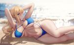  1girl armpits arms_behind_head arms_up artist_name aztodio bad_anatomy bangs bare_arms bare_legs bare_shoulders beach bikini blonde_hair blue_bikini blue_eyes breasts collarbone commentary english_commentary feet_out_of_frame genshin_impact hair_between_eyes jean_(genshin_impact) large_breasts long_hair looking_at_viewer lying navel on_side outdoors ponytail shadow sidelocks smile solo stomach swimsuit thighs 