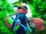  ambiguous_gender amphibian blue_body blurred_background butt frog greninja hi_res humanoid leaf lewdaesthetics long_tongue looking_at_viewer looking_back melee_weapon nintendo pink_eyes plant pok&eacute;mon pok&eacute;mon_(species) pose rear_view solo solo_focus standing sword tongue tree video_games weapon 
