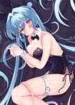  1girl animal_ears bangs bare_shoulders belt beniko_(ymdbnk) black_bow black_bowtie black_leotard blue_hair blush bow bowtie breasts cleavage closed_mouth collar collarbone commentary_request detached_collar double_bun feet_out_of_frame hair_between_eyes hair_bun hair_intakes highres leg_belt leotard long_hair medium_breasts original own_hands_together playboy_bunny rabbit_ears red_eyes solo strapless strapless_leotard very_long_hair white_belt white_collar wing_collar 