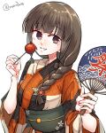  1girl bangs black_hair blunt_bangs braid grin hair_over_shoulder hair_ribbon hand_fan highres japanese_clothes kantai_collection kimono kitakami_(kancolle) long_hair looking_at_viewer matsunaga_(haku) multicolored_clothes multicolored_kimono orange_kimono paper_fan ribbon sidelocks simple_background single_braid smile solo tress_ribbon uchiwa upper_body white_background yukata 