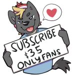  &lt;3 anthro beanie blep blonde_hair bluechubbywolf calahoo_(calahootheyeen) canada clothing hair hat headgear headwear holding_object holding_sign hyaenid male mammal onlyfans sign solo spotted_hyena tongue tongue_out 