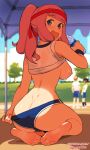  1boy 2girls artist_name ass bangs bare_arms bare_legs bare_shoulders barefoot blue_buruma blue_eyes blunt_bangs blurry blurry_background blush bottle buruma buruma_pull clothes_lift commentary day dimples_of_venus english_commentary feet from_behind fujiwara_chika gym_shorts gym_uniform headband kaguya-sama_wa_kokurasetai_~tensai-tachi_no_renai_zunousen~ long_hair looking_at_viewer looking_back midriff multiple_girls nipples open_mouth pink_hair ponytail red_headband see-through see-through_shirt shinomiya_kaguya shirogane_miyuki shirt shirt_lift shorts soles solo_focus squeezable_(artist) tied_shirt toes water_bottle white_shirt wristband 