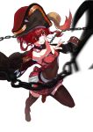  1girl absurdres bare_shoulders black_legwear blush breasts chain coat coat_on_shoulders eyepatch grin hat highres hololive houshou_marine long_hair mont_blanca pirate_hat red_eyes red_hair simple_background smile solo thighhighs twintails virtual_youtuber white_background 