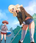  :d a1 alisa_(girls_und_panzer) bangs blonde_hair blue_eyes blue_gloves blue_shorts blue_sky boots brown_eyes brown_hair brown_jacket clenched_teeth cloud commentary_request day denim denim_shorts girls_und_panzer gloves golf golf_club hair_between_eyes hair_ornament holding holding_golf_club holding_paper jacket kay_(girls_und_panzer) long_sleeves looking_at_another medium_hair midriff navel open_clothes open_jacket outdoors paper pleated_skirt red_skirt saunders_military_uniform saunders_school_uniform school_uniform short_hair shorts single_glove skirt sky smile socks standing star_(symbol) star_hair_ornament teeth thighhighs thighs twintails white_legwear 
