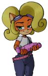  2022 activision anthro blonde_hair blush bodily_fluids clothing coco_bandicoot color_edit colored crash_bandicoot_(series) dildo edit eyelashes female fur green_eyes hair hi_res long_hair overalls ponytail sex_toy solo sweat tenshigarden video_games 