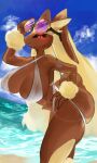  anthro beach big_breasts big_ears bikini black_sclera breasts brown_body brown_fur butt cleavage clothed clothing cloud contrail curvy_figure day eyebrows eyelashes eyewear female fingers fur glasses hi_res huge_breasts kadomarco lagomorph leporid looking_at_viewer lopunny mammal micro_bikini nails navel nintendo nipple_outline outside pink_eyes pok&eacute;mon pok&eacute;mon_(species) round_glasses sand seaside side-tie_bikini skimpy skimpy_bikini smile smiling_at_viewer solo standing standing_in_water swimwear tan_body tan_fur thick_thighs under_boob video_games 