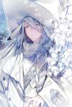  1boy animal_ears brown_eyes bunnie_(saibai_shounen) closed_mouth coat flower fox_boy fox_ears frown long_hair long_sleeves looking_at_viewer male_focus nishi_(ainshaie) official_art saibai_shounen second-party_source snow snowflakes solo white_hair 