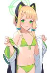  animal_ear_headphones animal_ears arms_up bikini bikini_under_clothes blonde_hair blue_archive breasts cameltoe cat_ear_headphones cat_ears coat fake_animal_ears green_bikini green_eyes halo headphones itose_ikuto midori_(blue_archive) navel off_shoulder open_clothes open_coat open_mouth short_hair side-tie_bikini small_breasts smile swimsuit white_coat 