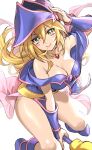  1girl blonde_hair blue_footwear blue_headwear blush_stickers breasts cleavage dark_magician_girl duel_monster green_eyes hat highres jewelry large_breasts long_hair looking_at_viewer maruchi neck_ring pentacle pentagram smile solo staff veil wand wizard_hat yu-gi-oh! yu-gi-oh!_duel_monsters 