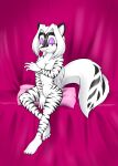  anthro bedroom_eyes breasts covering covering_self eyeshadow felid female fur hi_res hybrid looking_at_viewer makeup mammal mephitid narrowed_eyes nude pantherine seductive sitting skunk solo striped_body striped_fur stripes sycotei-b tiger zig_zag 