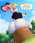 2022 absurd_res animal_crossing anthro bella_(animal_crossing) big_butt black_nose bottomless butt clothed clothing collar dialogue digital_media_(artwork) english_text eyelashes fangs female gammainks gloves greeting hair handwear hi_res holding_object looking_at_viewer looking_back looking_back_at_viewer mammal mouse murid murine nintendo open_mouth outside plant rear_view rodent solo spiked_collar spikes text tree tree_stump video_games 