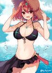  1girl absurdres alternate_costume bangs bikini breasts chest_jewel cleavage haruto_yuki hat highres large_breasts navel ocean pyra_(xenoblade) red_eyes red_hair short_hair solo sun_hat swept_bangs swimsuit water xenoblade_chronicles_(series) xenoblade_chronicles_2 