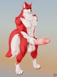  3d_(artwork) abs anthro balls big_balls big_penis black_lips black_nose canid canine canis claws claws_out danny_sterling_(spitfire420007) digital_media_(artwork) dipstick_tail erection fur gabrielarchgod genitals gloves_(marking) hand_on_leg hand_on_penis hi_res leg_markings lips male mammal markings muscular muscular_male nude penis red_body red_fur simple_background smile socks_(marking) solo source_filmmaker standing stroking stroking_penis tail_markings teeth white_body white_fur wolf yellow_eyes 