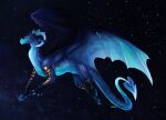  2022 ambiguous_gender blue_body blue_eyes blue_scales claws cosmic_background digital_media_(artwork) dragon feral hi_res horn isvoc membrane_(anatomy) membranous_wings scales scalie smile solo spines text url western_dragon wings 