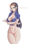  1girl absurdres ass_visible_through_thighs black_hair blue_eyes blue_shirt breasts cleavage collarbone eyewear_on_head highres large_breasts lips long_hair looking_at_viewer melowh navel nico_robin one_piece parted_lips patreon_username ribbon shirt simple_background solo sunglasses thighs white_background zipper 