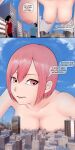  absurdres blue_sky boober3117 breast_press breasts city destruction giant giantess gigant_(series) hanging_breasts highres huge_breasts large_breasts mole mole_on_breast mole_under_eye mole_under_mouth nipples papico_(gigant) pink_eyes pink_hair sky 