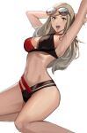  1girl arms_up bangs bikini blonde_hair blue_eyes breasts cleavage eyewear_on_head highres holding_own_arm j@ck large_breasts long_hair multicolored_bikini multicolored_clothes open_mouth persona persona_5 sitting swept_bangs swimsuit takamaki_anne thighs white_background 