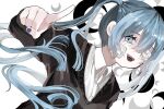  1girl absurdres bangs black_shirt blue_eyes blue_hair blue_nails blunt_ends buttons collared_shirt commentary crescent dutch_angle gauze hair_between_eyes hanataro_(sruvhqkehy1zied) hand_up hatsune_miku highres index_finger_raised long_hair long_sleeves looking_at_viewer one_eye_covered open_mouth partially_unbuttoned rolling_girl_(vocaloid) scoop_neck shirt sleeves_past_wrists solo sweatshirt teeth twintails upper_body upper_teeth vocaloid white_background white_shirt wing_collar 