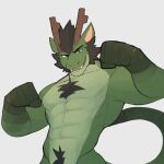  1:1 anthro black_hair body_hair chest_hair dragon facial_hair fist green_body hair hi_res horn jrjresq male muscular muscular_male pubes solo yellow_sclera 