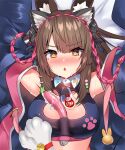  1girl animal_ears armpits arms_up bare_shoulders bed_sheet black_jacket black_shirt blush braid breasts brown_hair bunny_cutout cleavage cleavage_cutout clothing_cutout collared_shirt crop_top double_bun fake_animal_ears fox_ears hair_bun indie_virtual_youtuber jacket large_breasts long_hair long_sleeves looking_at_viewer lying midriff mole mole_under_eye necktie nose_blush off_shoulder on_back open_clothes open_jacket open_mouth orange_eyes sex_toy shirt short_necktie sleeveless sleeveless_shirt solo suggestive_fluid sweat sweatdrop upper_body usagihime usagihime_(vtuber) v-shaped_eyebrows virtual_youtuber 