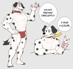  abs anthro bulge canid canine canis claws clothing collar dalmatian domestic_dog eyewear goggles hi_res jrjresq male mammal muscular muscular_male padpads solo speech_bubble speedo spots spotted_body swimwear 