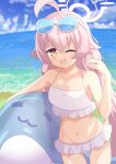  1girl ;d absurdres ahoge armpits bangs bare_shoulders bea8do88 beach blue_archive blue_sky carrying cloud cloudy_sky collarbone commentary_request eyewear_on_head fisheye frilled_swimsuit frills hair_between_eyes halo highres horizon hoshino_(blue_archive) hoshino_(swimsuit)_(blue_archive) long_hair looking_at_viewer low_twintails navel ocean official_alternate_costume one_eye_closed pink_hair sidelocks sky sleeveless smile solo spaghetti_strap stomach stuffed_whale sunglasses swimsuit twintails white_swimsuit yellow_eyes 