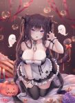  1girl :o absurdres animal_ears apron arm_up armpits bare_shoulders black_choker black_dress black_hair black_legwear breasts candle cat_ears cat_girl cat_tail choker claw_pose cleavage collarbone detached_sleeves dress fang frilled_apron frilled_dress frills ghost hair_ribbon halloween head_wings highres jack-o&#039;-lantern kneeling large_breasts long_hair looking_at_viewer maid_apron no_shoes open_mouth original purple_eyes ribbon ribbon_choker short_dress single_detached_sleeve single_sleeve slit_pupils solo strapless strapless_dress tail thighhighs two_side_up very_long_hair waist_apron wrist_cuffs yenshin_(k5142204) zettai_ryouiki 