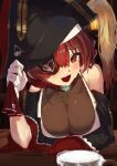  1girl :d absurdres alcohol bare_shoulders beer beer_mug blush breasts cleavage cup eyepatch fang gloves hat highres hololive houshou_marine leaning_forward looking_at_viewer mont_blanca mug pirate_hat red_eyes red_hair smile solo virtual_youtuber white_gloves 