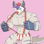  abs anthro big_ears bulge canid canine clothing clown clown_makeup clown_nose gloves hair handwear hi_res jrjresq male mammal muscular muscular_male nipples pecs purple_hair solo suspenders yellow_sclera 